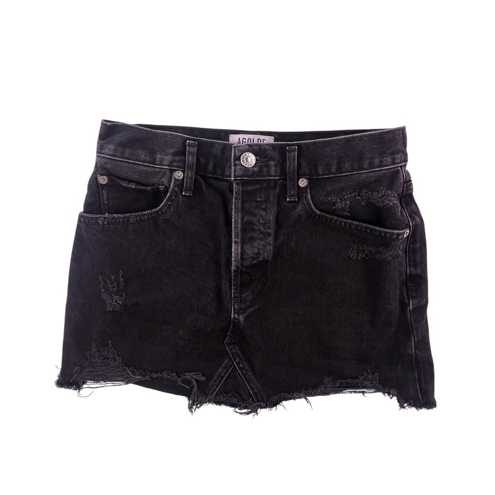 AGOLDE Quinn High Rise Distressed Denim Mini Skirt Washed Black Size 27 A068-998